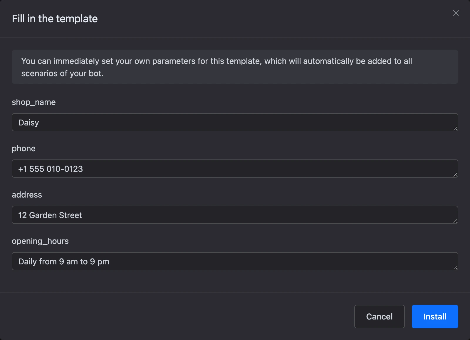 The "Fill in the template" window with your own values