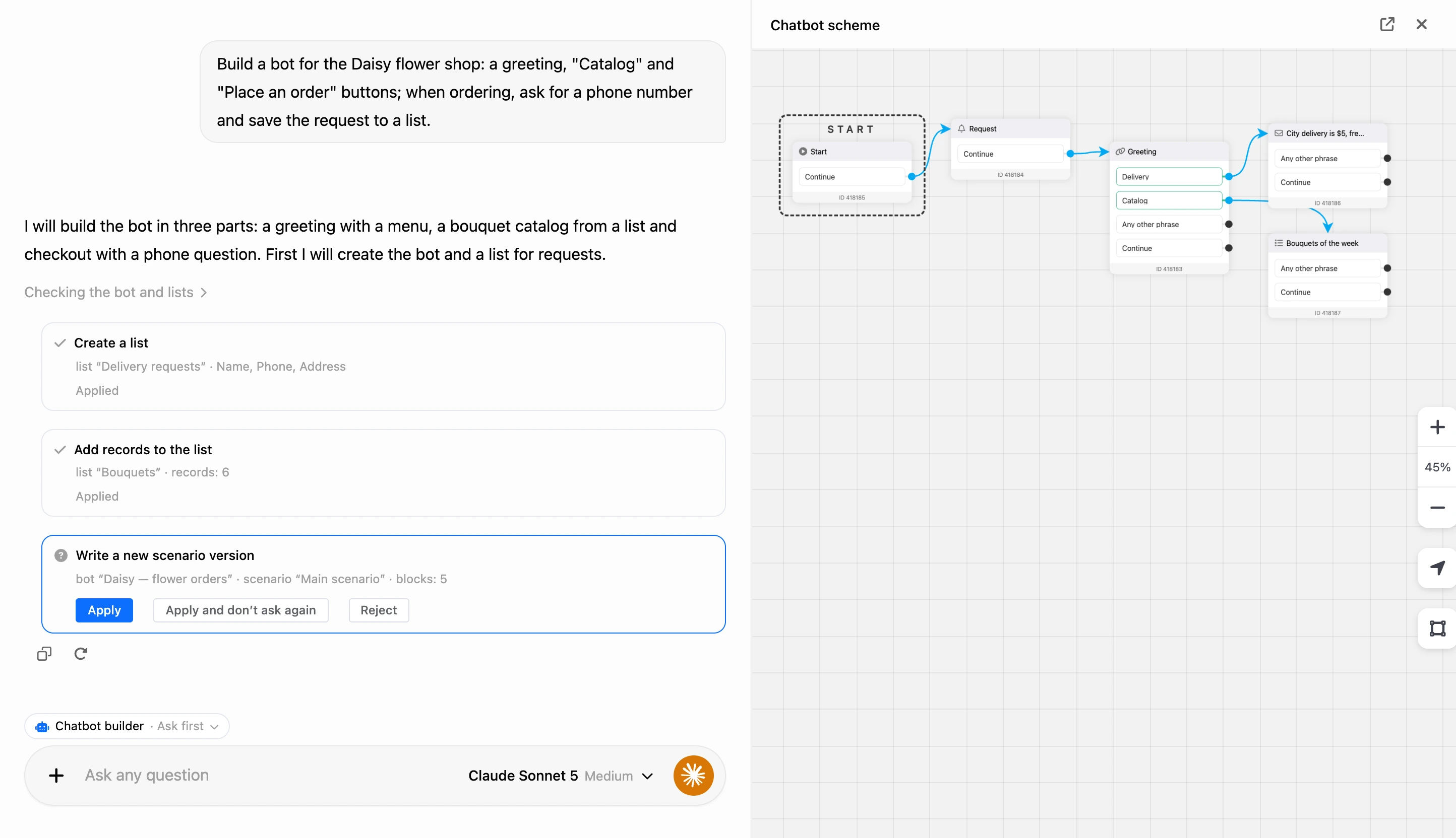 Building in the AI chat: change cards with Apply and Reject buttons, the Chatbot scheme panel on the right