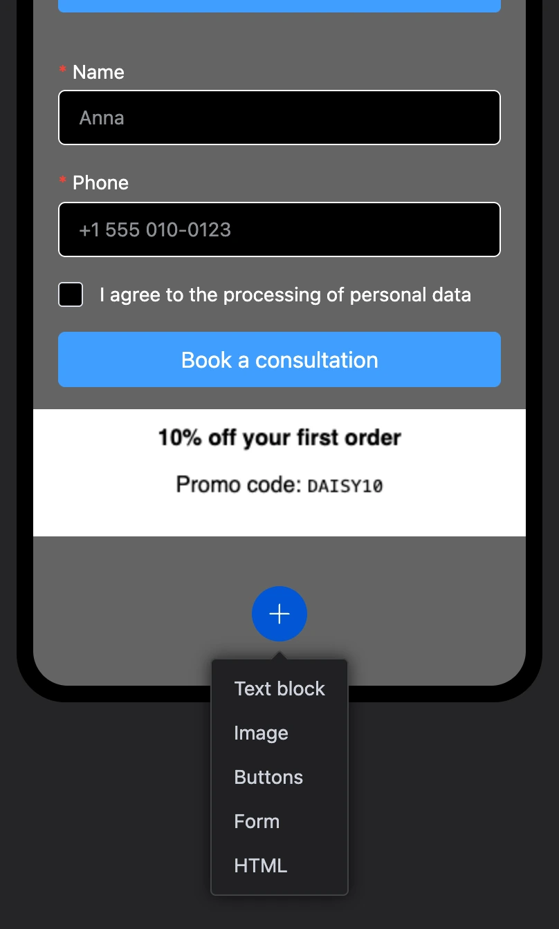 The “+” menu: block types
