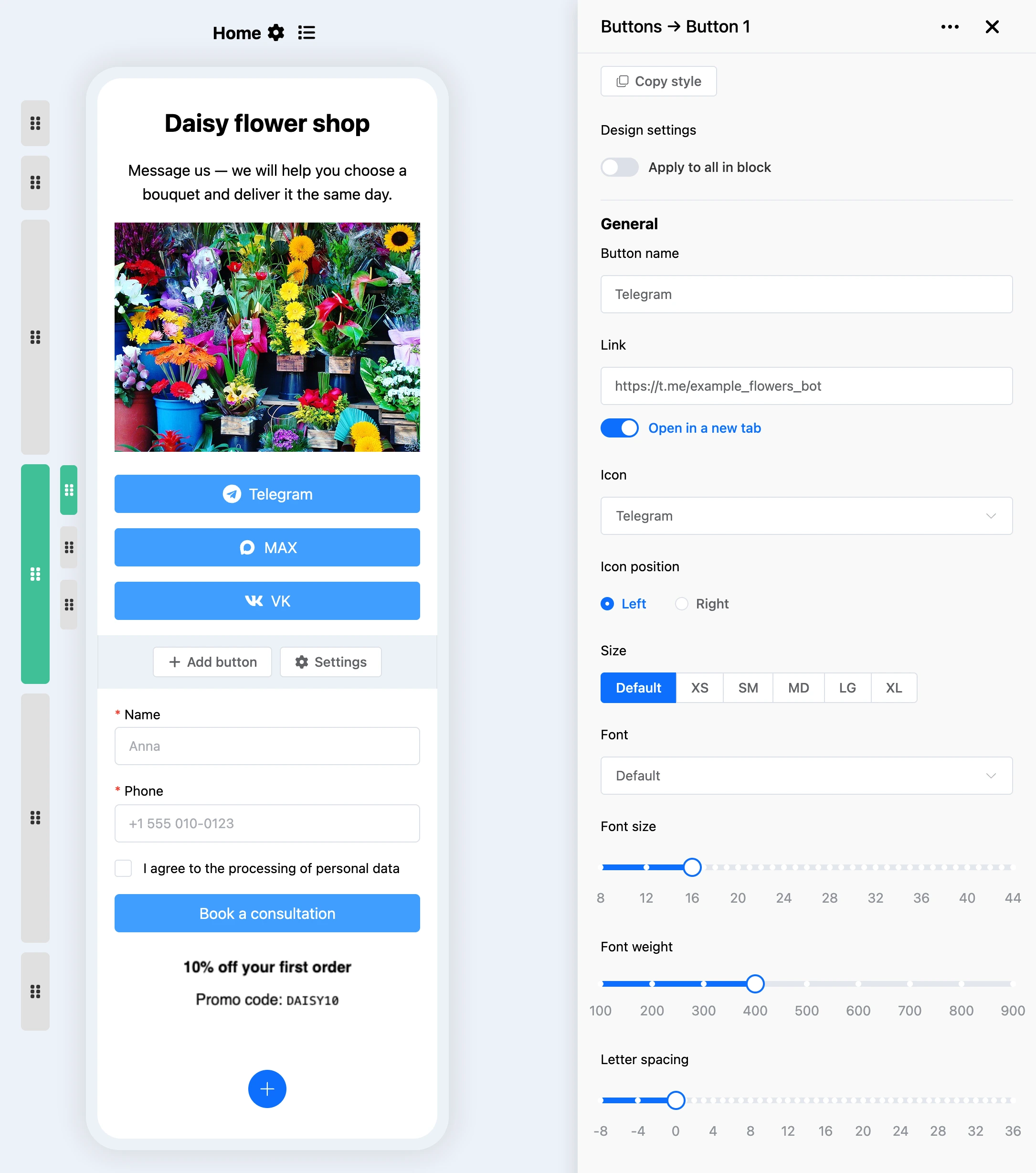 Button settings of the Buttons block