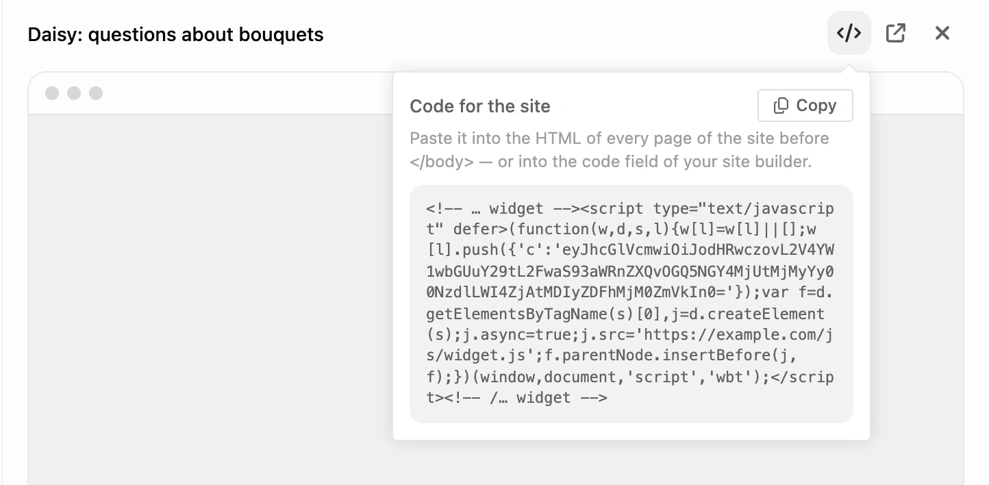 The "Code for the site" box in the widget panel