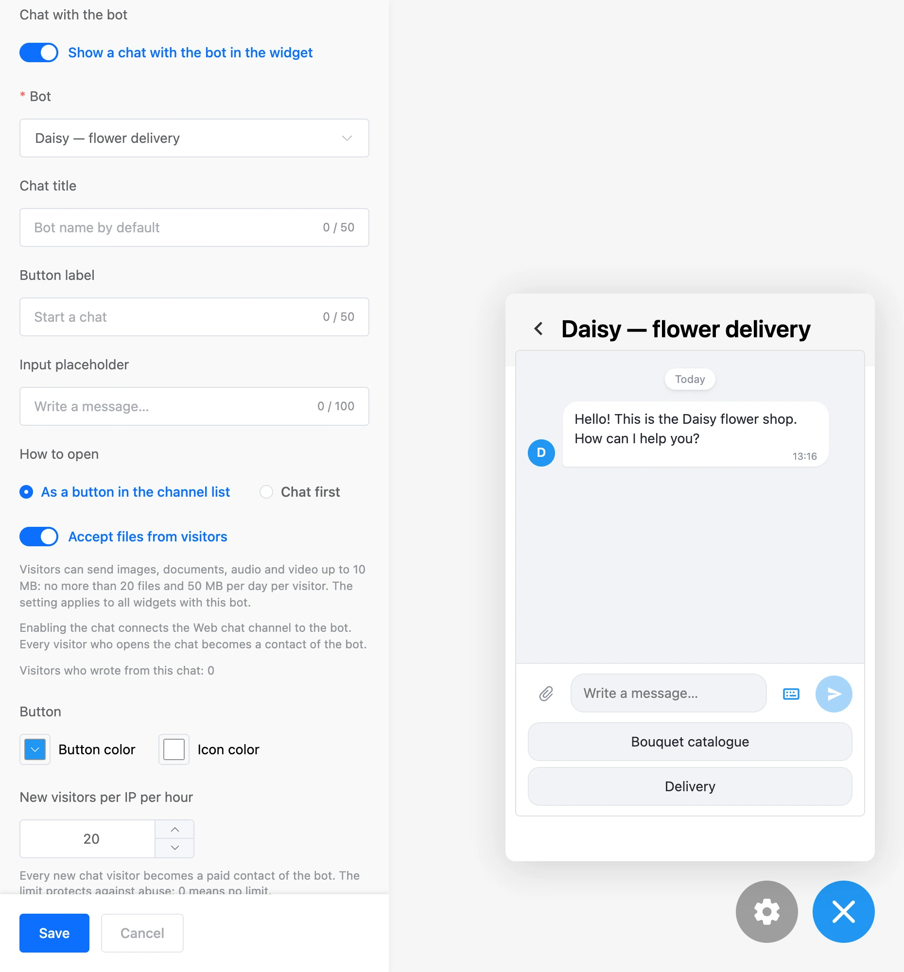 Chat settings and an open conversation with the bot in the widget