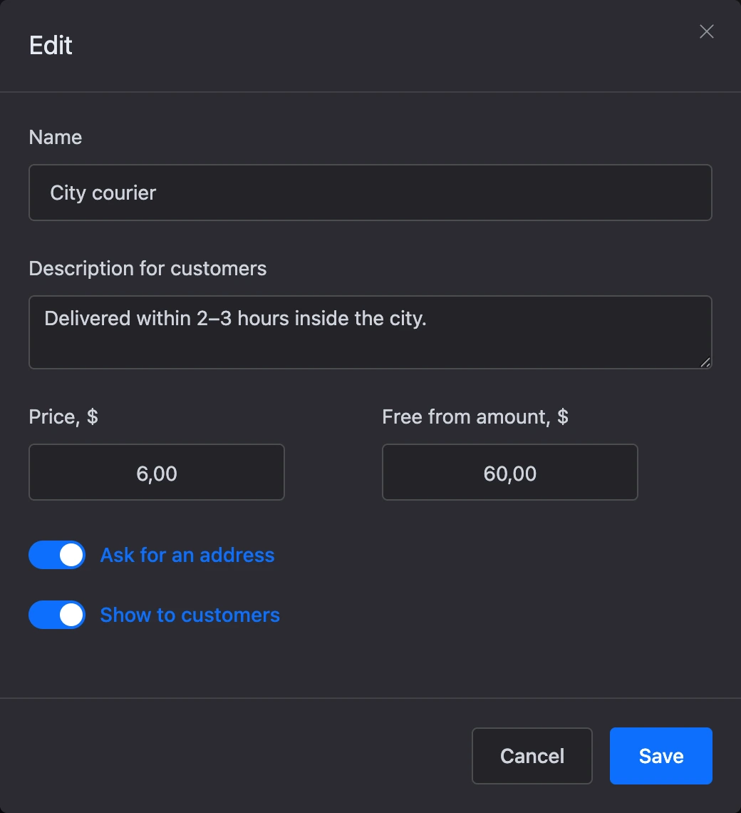 Delivery method window