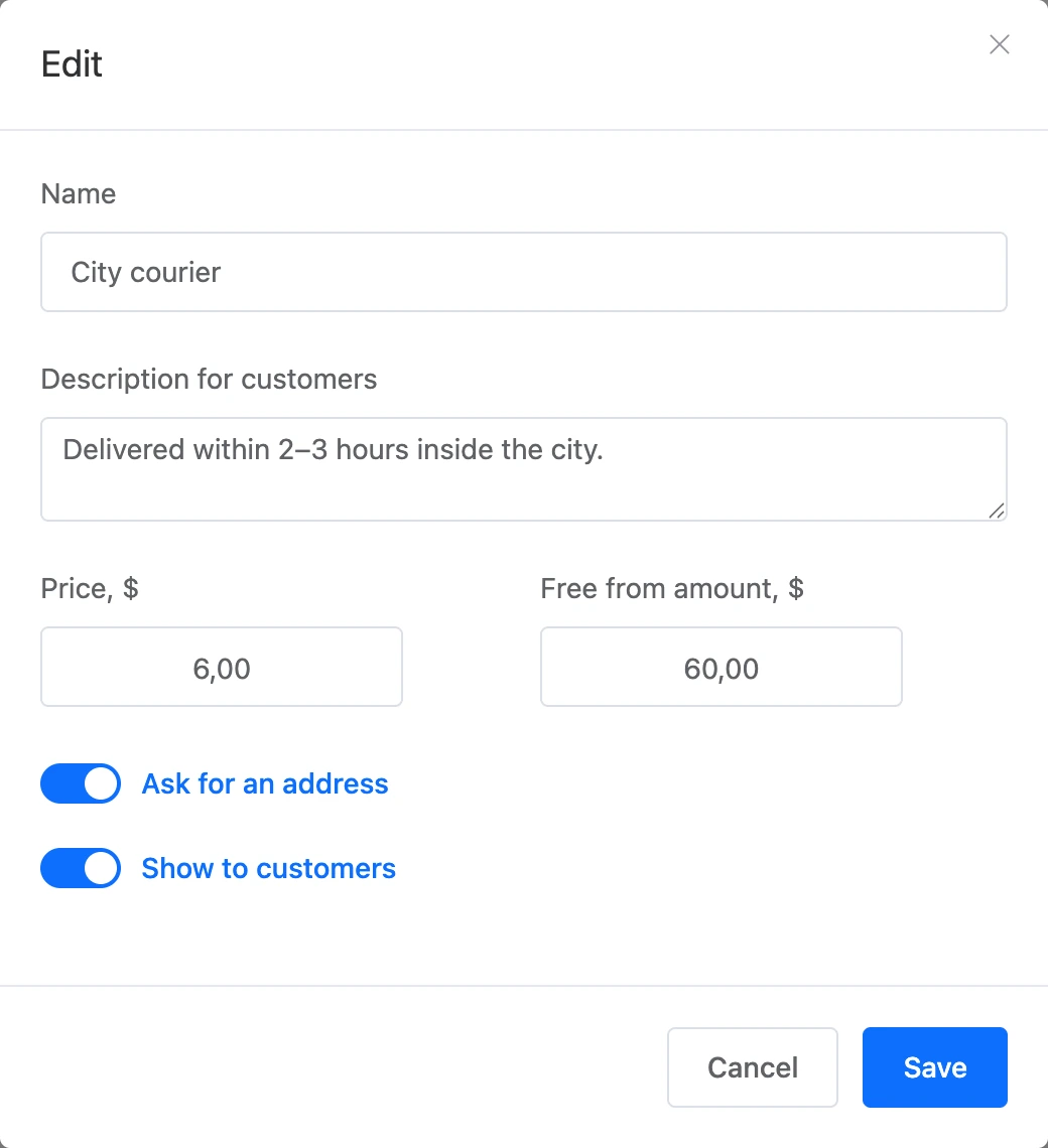 Delivery method window