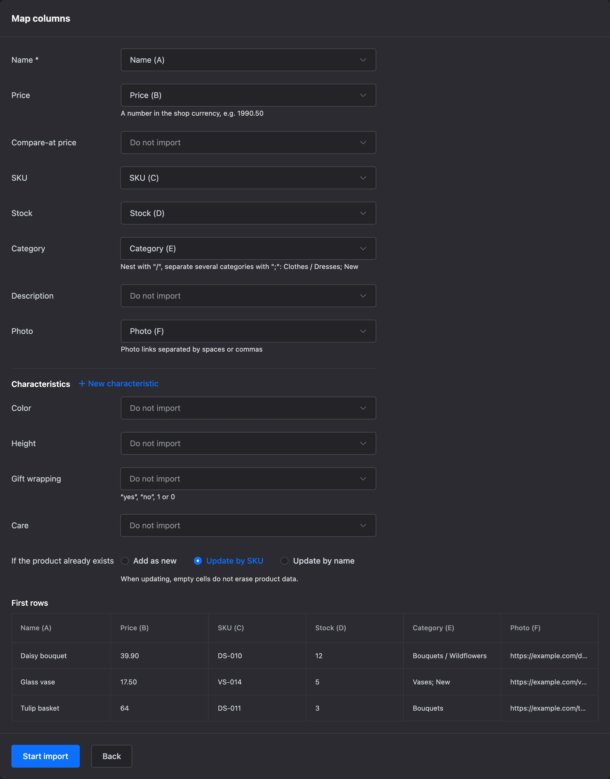 Column mapping during import