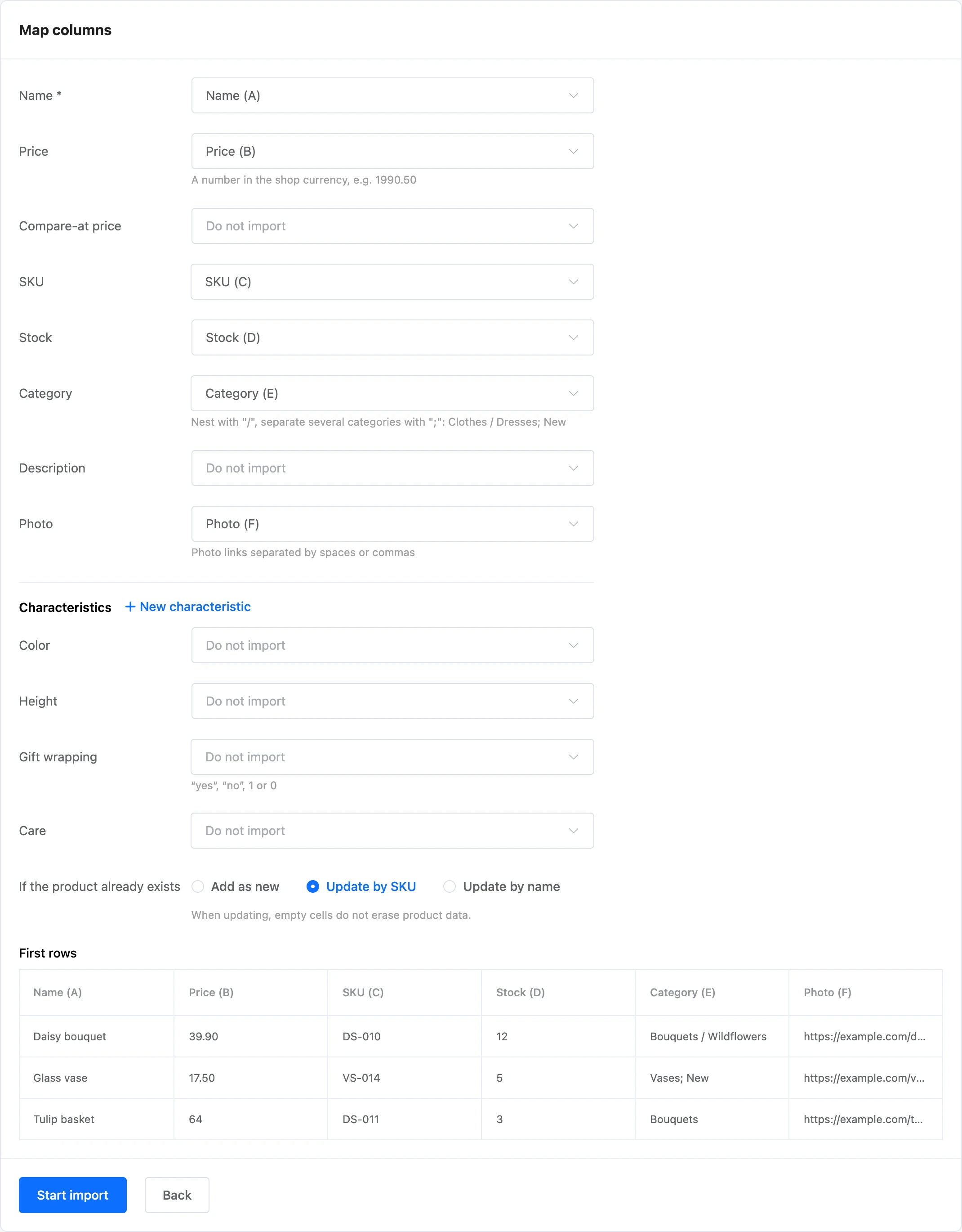 Column mapping during import