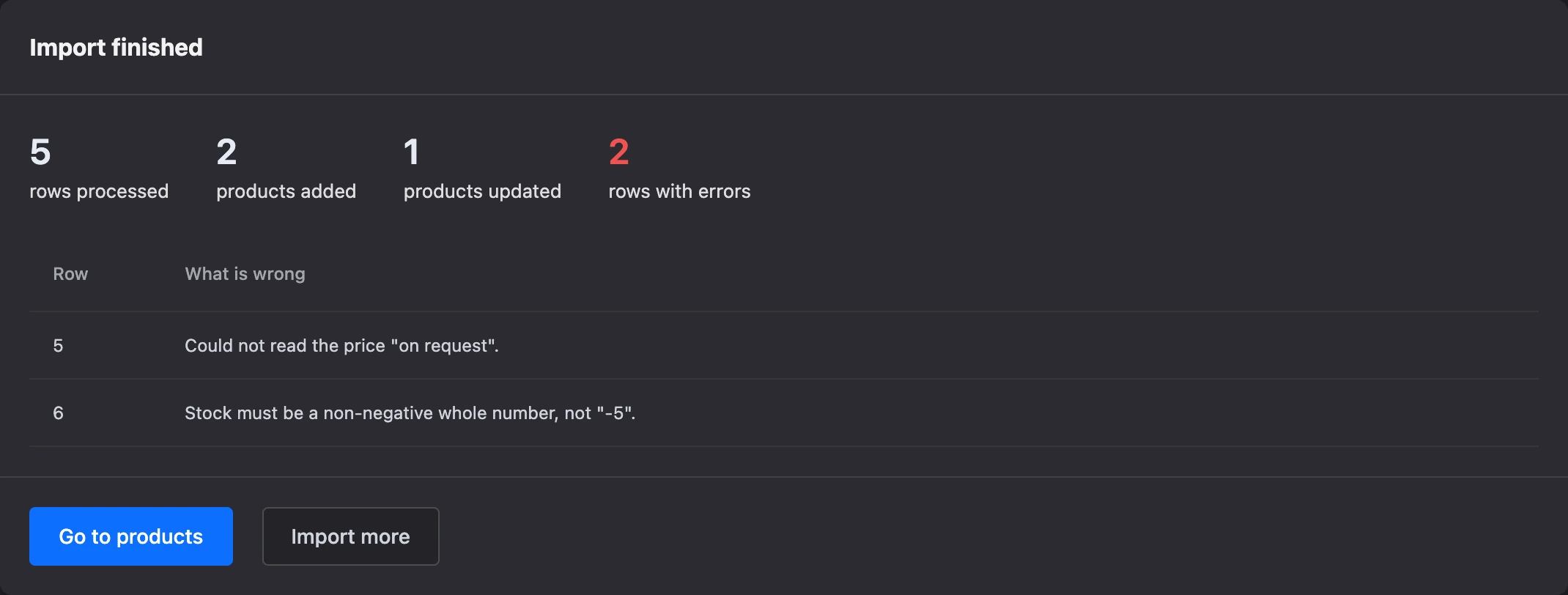 Import result: counters and rows with errors