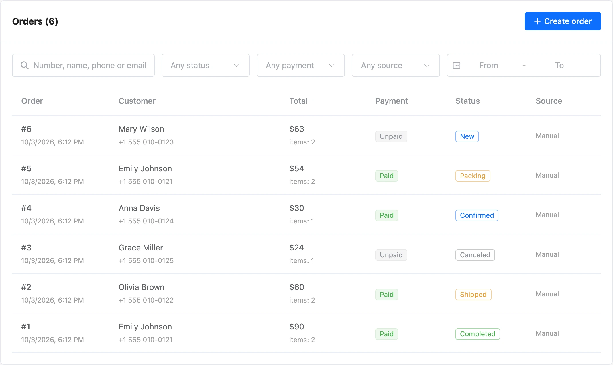 Shop order list