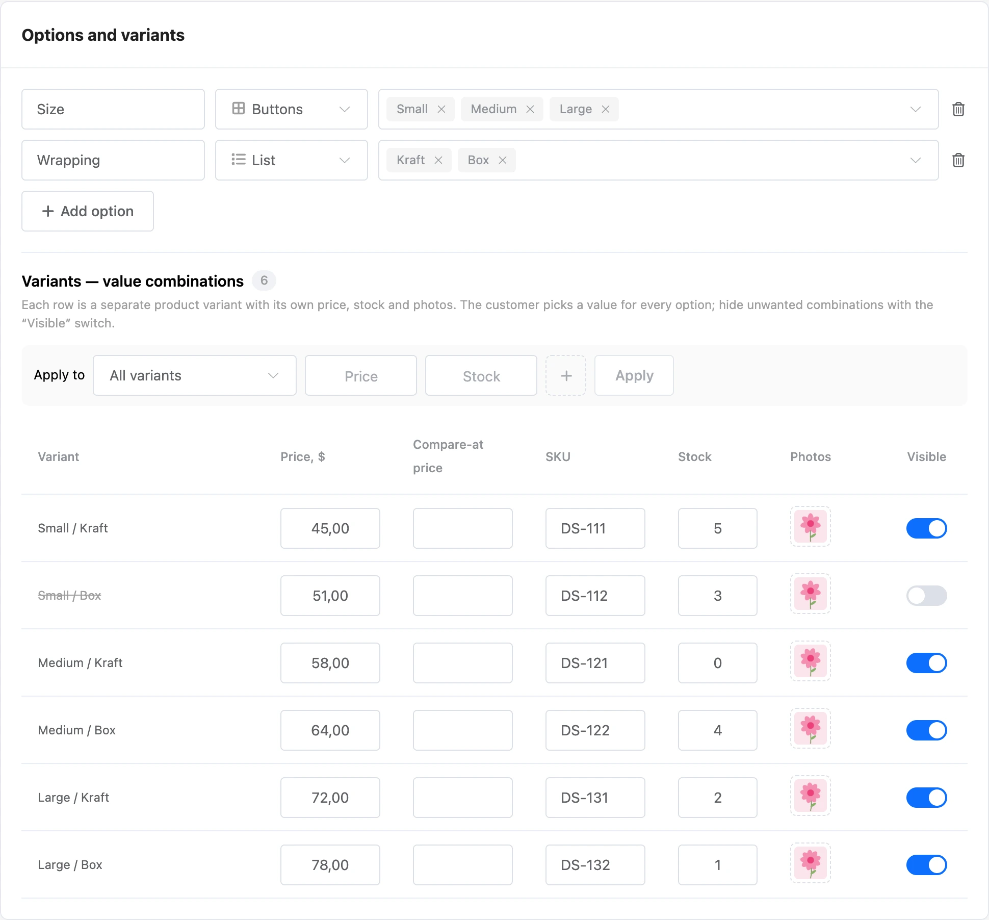 The "Size" and "Wrapping" options and the variants table