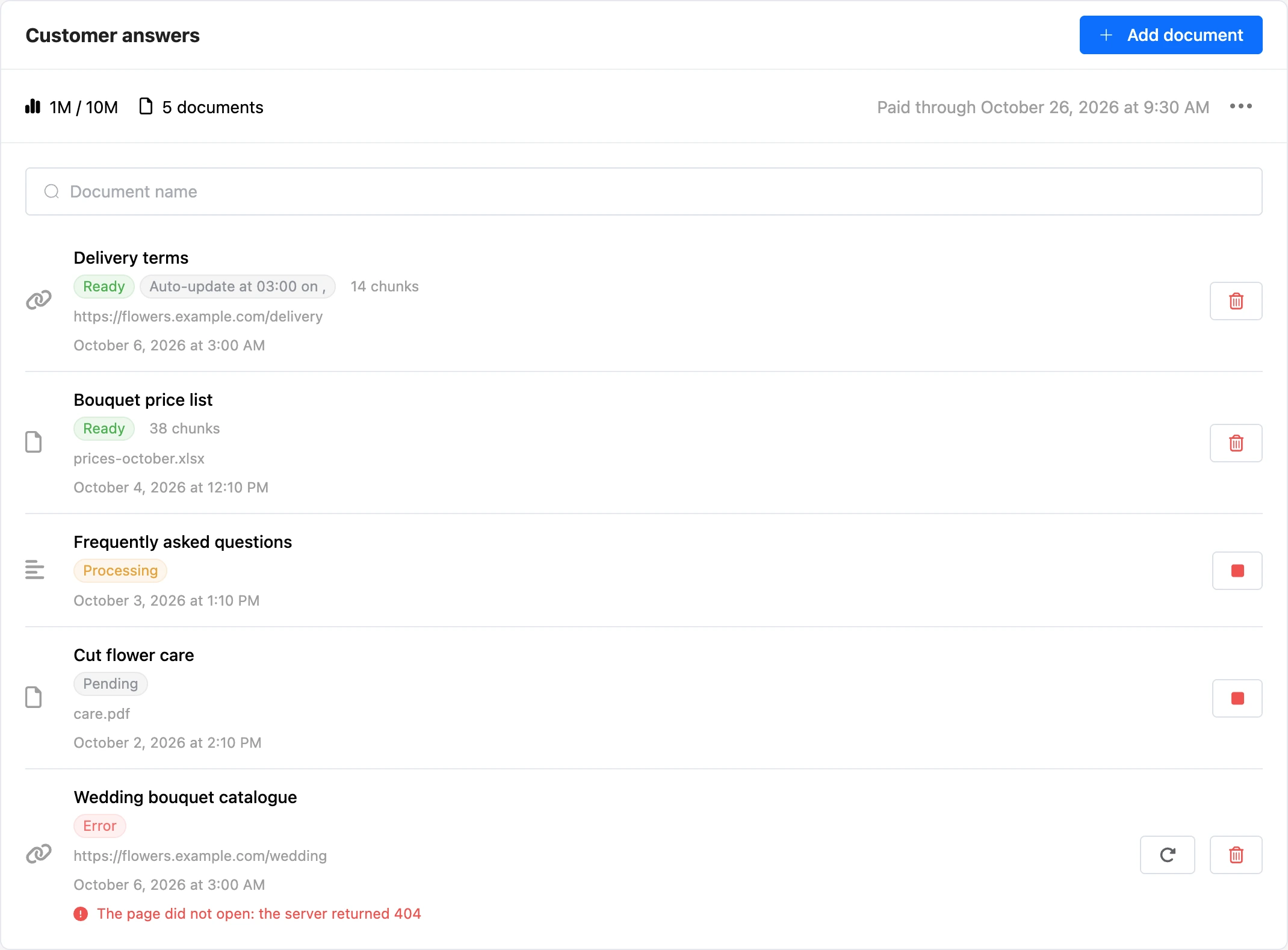 The Documents page with documents in different states