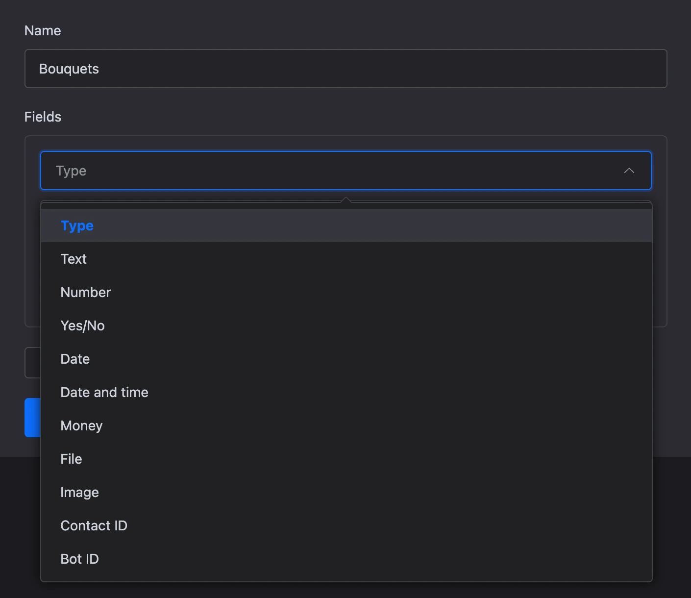 Choosing a field type in the new list form