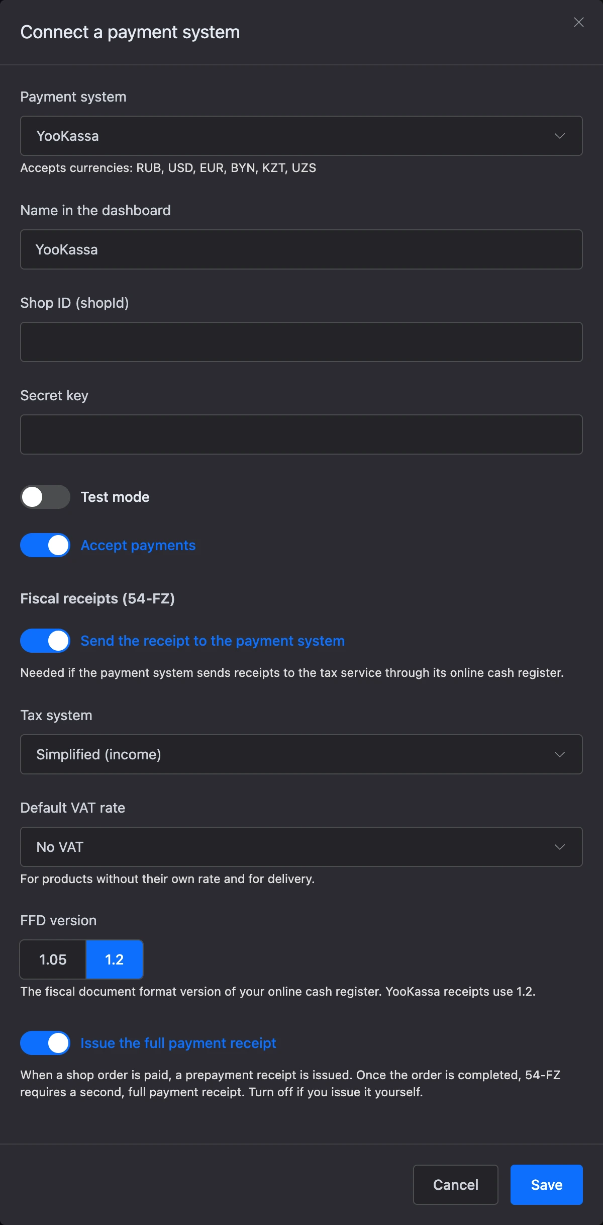 The payment system connection window with receipts turned on