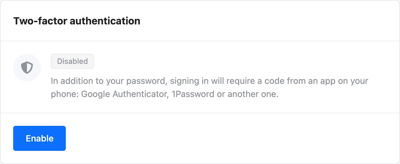 Two-factor authentication card in the profile