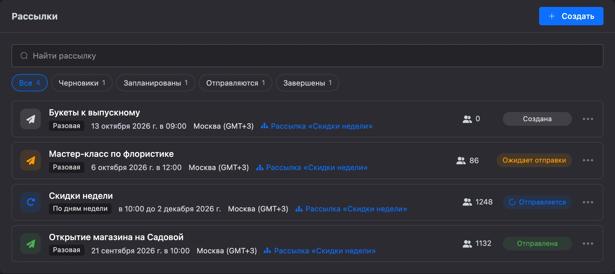Список рассылок бота: разовая, по дням недели и завершённая