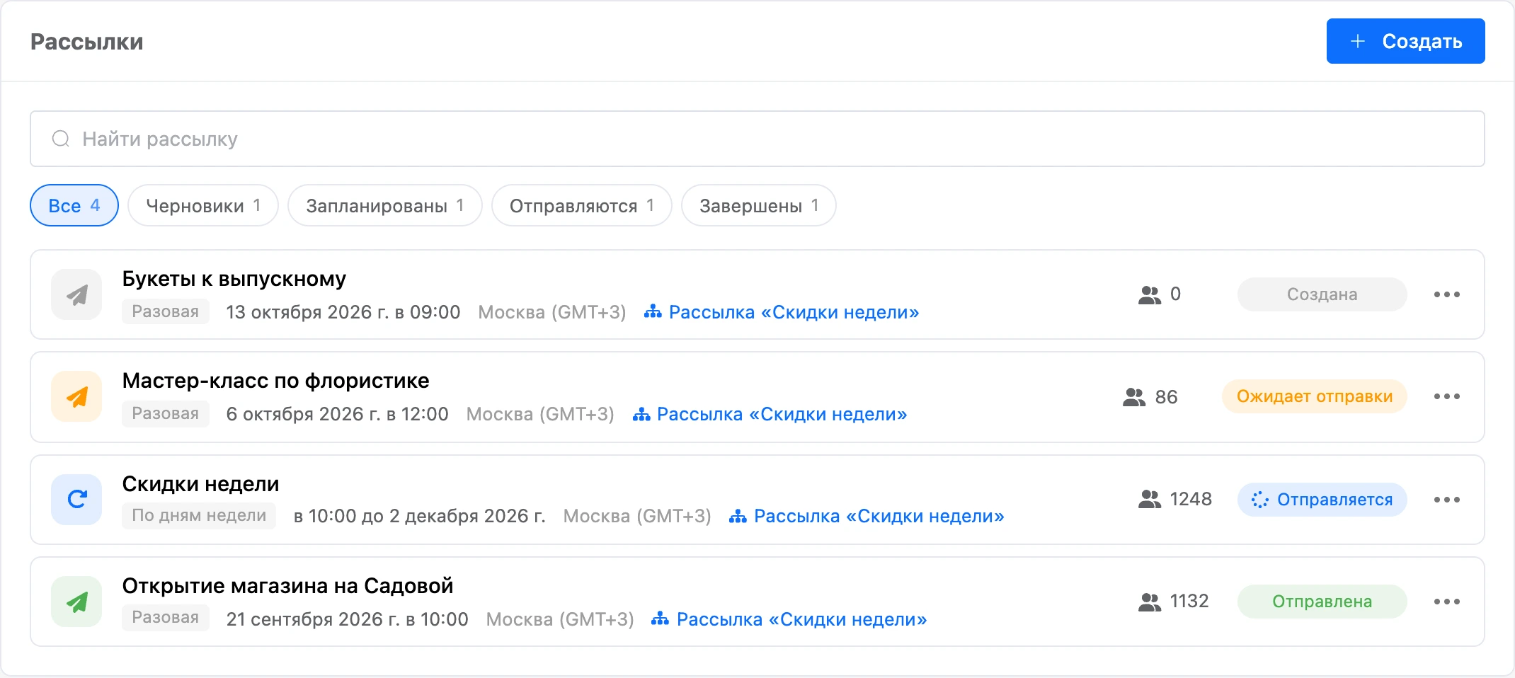 Список рассылок бота: разовая, по дням недели и завершённая