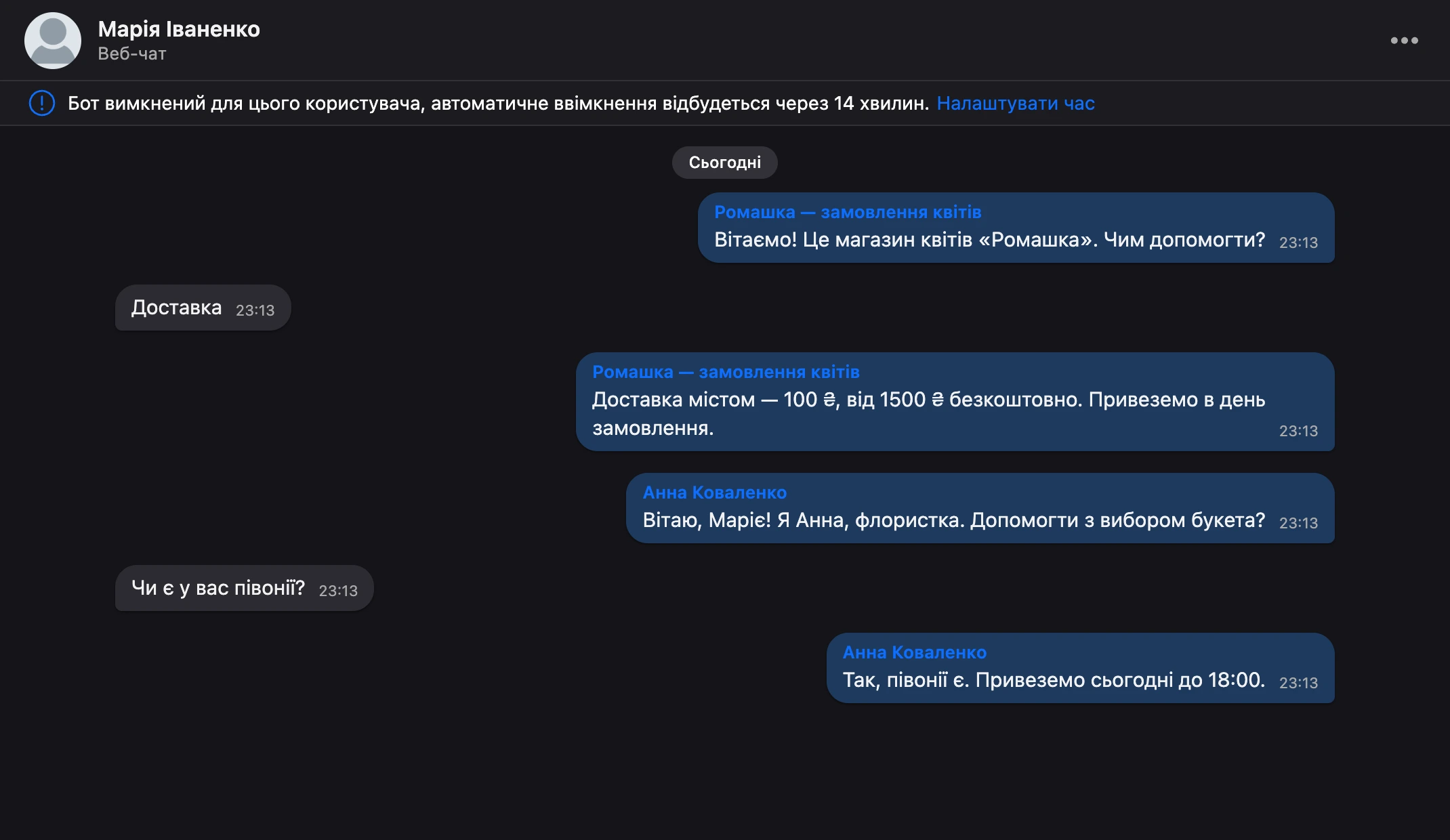 Листування бульбашками: повідомлення людини ліворуч, відповіді бота й співробітника праворуч