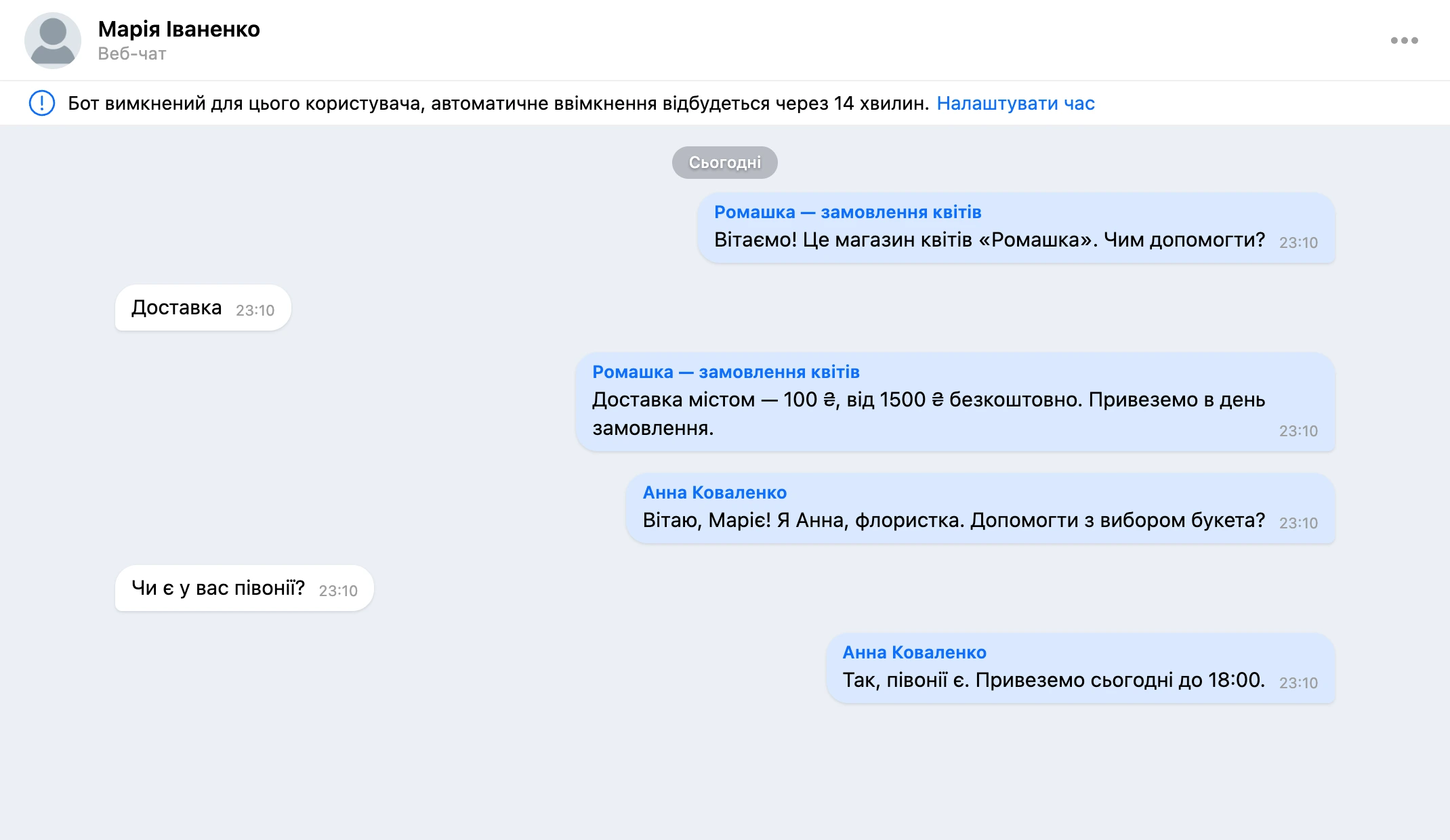 Листування бульбашками: повідомлення людини ліворуч, відповіді бота й співробітника праворуч