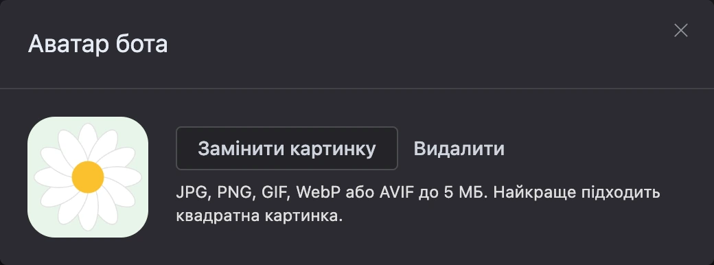 Вікно аватара бота: зображення й кнопки «Замінити зображення» і «Видалити»