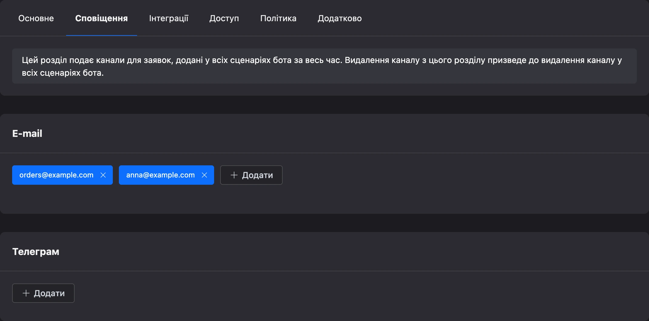 Вкладка «Сповіщення»: адреси пошти й картка для чатів у месенджері